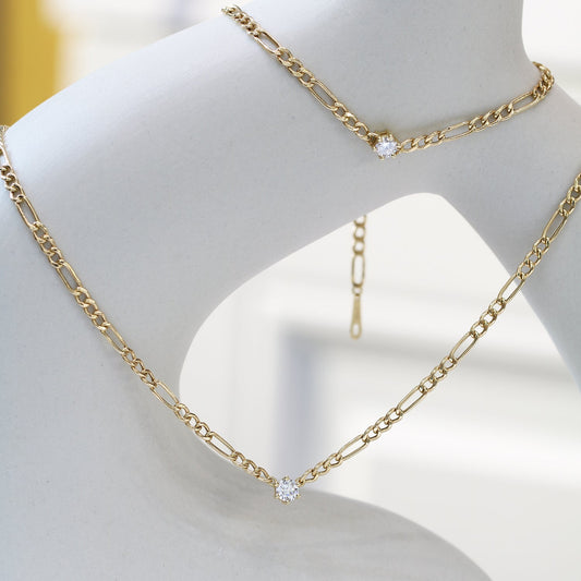 18k Yellow Gold 0.15ct Round Diamond Figaro Necklace