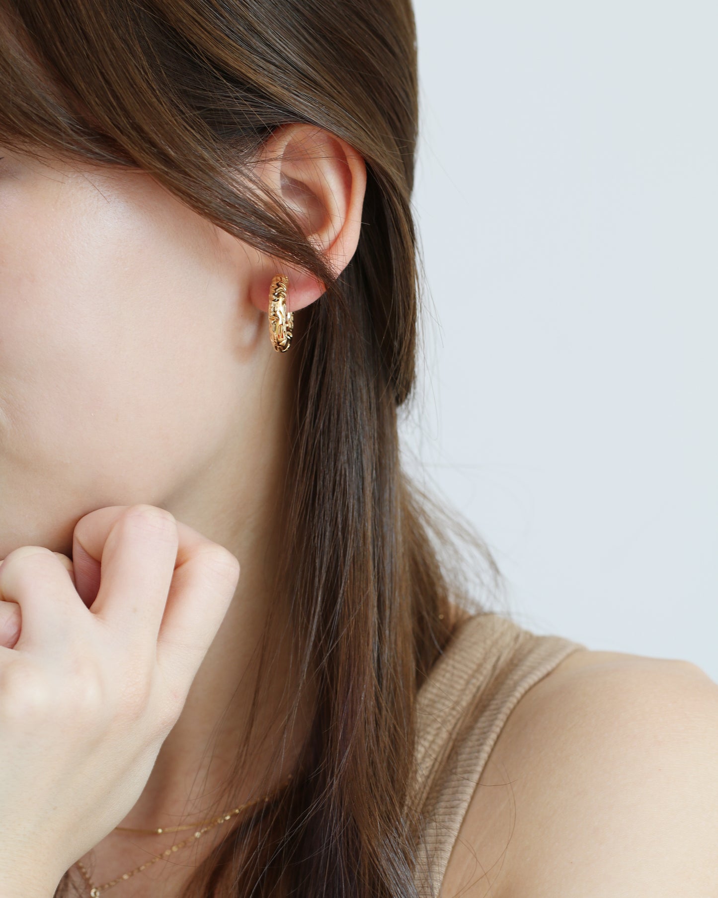 18k Yellow Gold Chubby Tube Textured Hoop Earrings