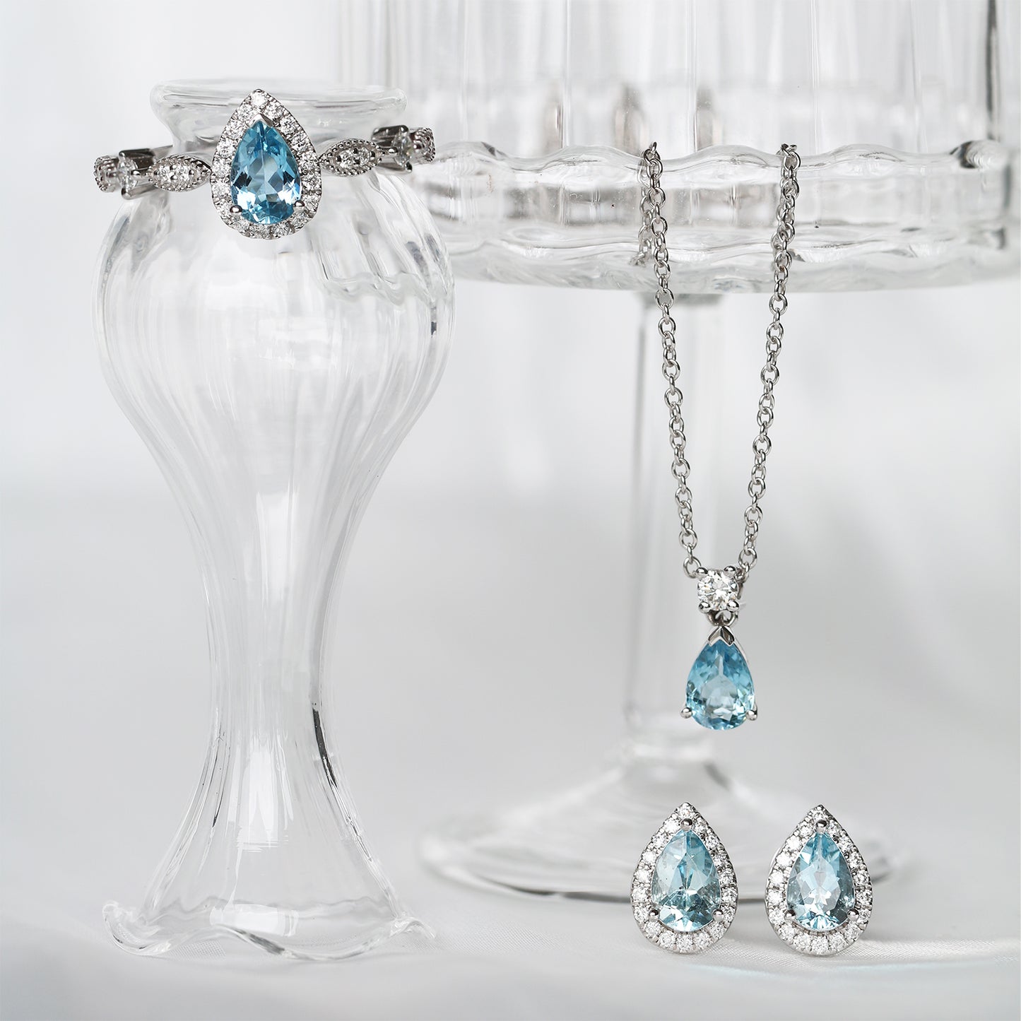 18k White Gold Pear-shaped Aquamarine Halo Diamond Earrings, Pair