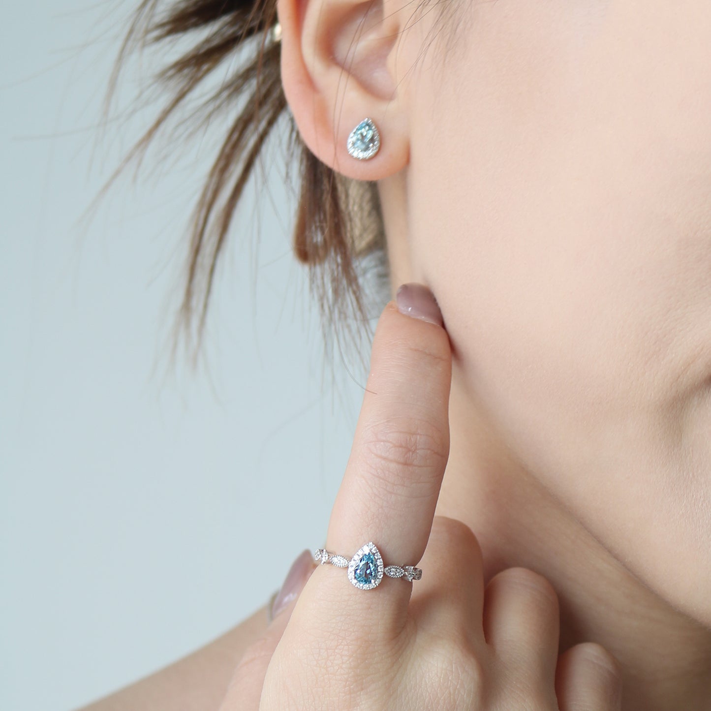 18k White Gold Pear-shaped Aquamarine Halo Diamond Earrings, Pair