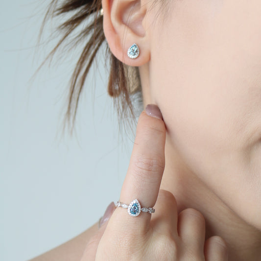 18k White Gold Pear-shaped Aquamarine Halo Diamond Earrings, Pair