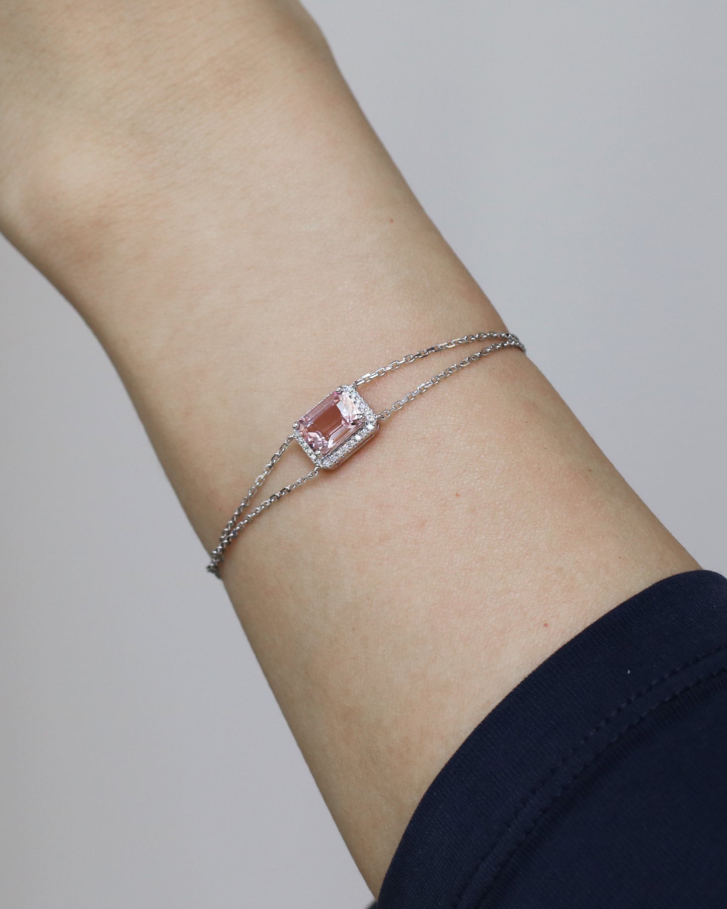 Minnie Emerald Cut Morganite Halo Diamond Double Chain Bracelet