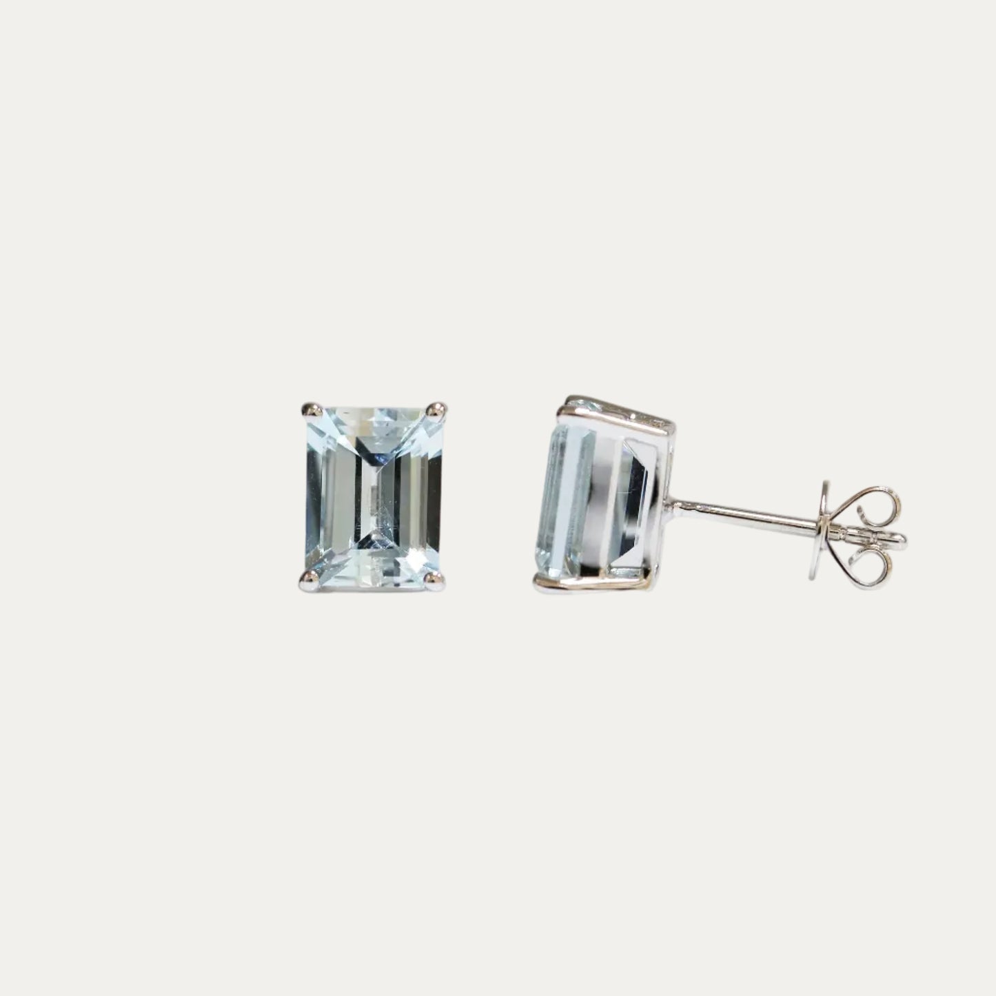 18k White Gold Emerald Cut Aquamarine Stud Earrings, Pair