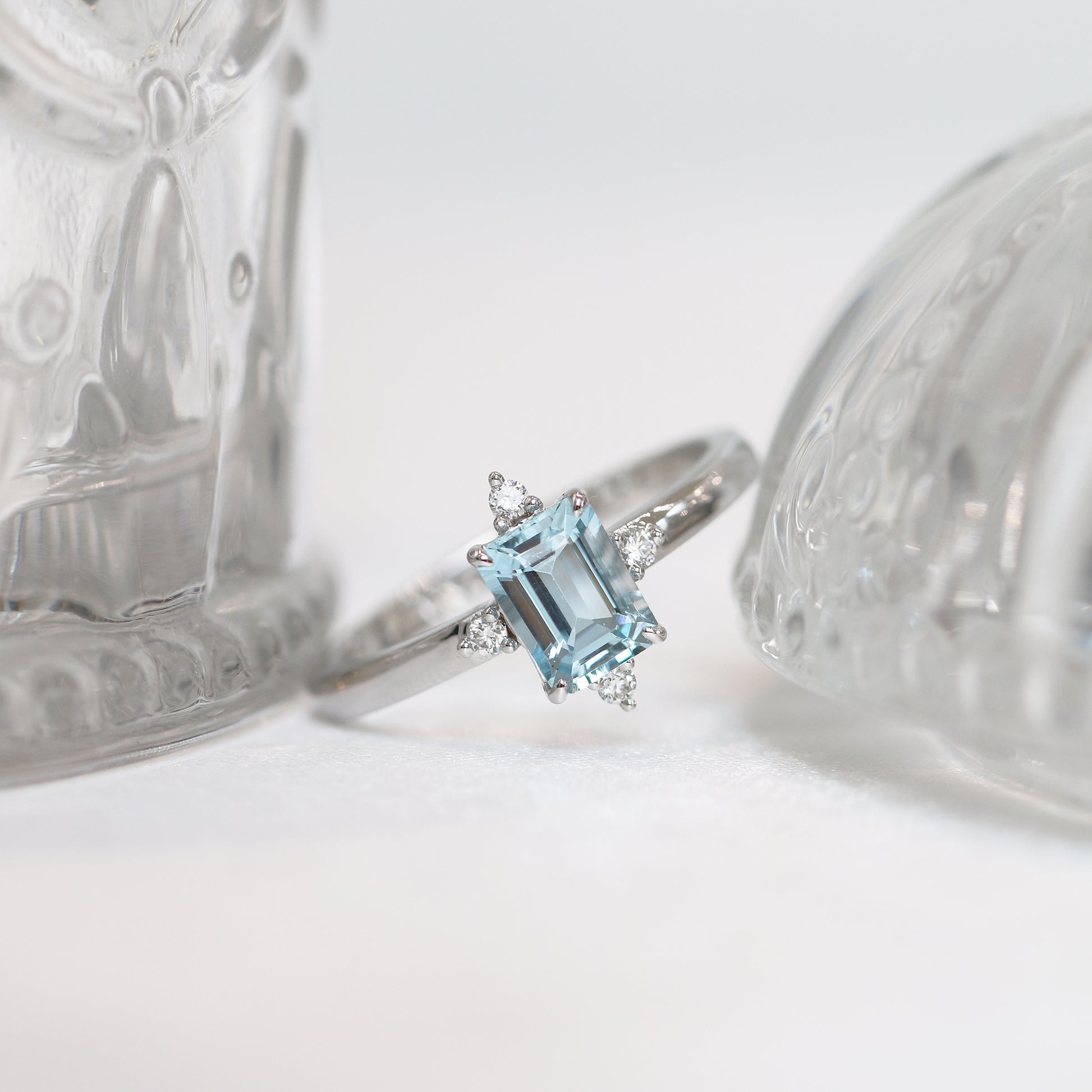 18k白金祖母綠切割海藍寶石鑽石戒指 18k White Gold Emerald Cut Aquamarine Diamond Ring