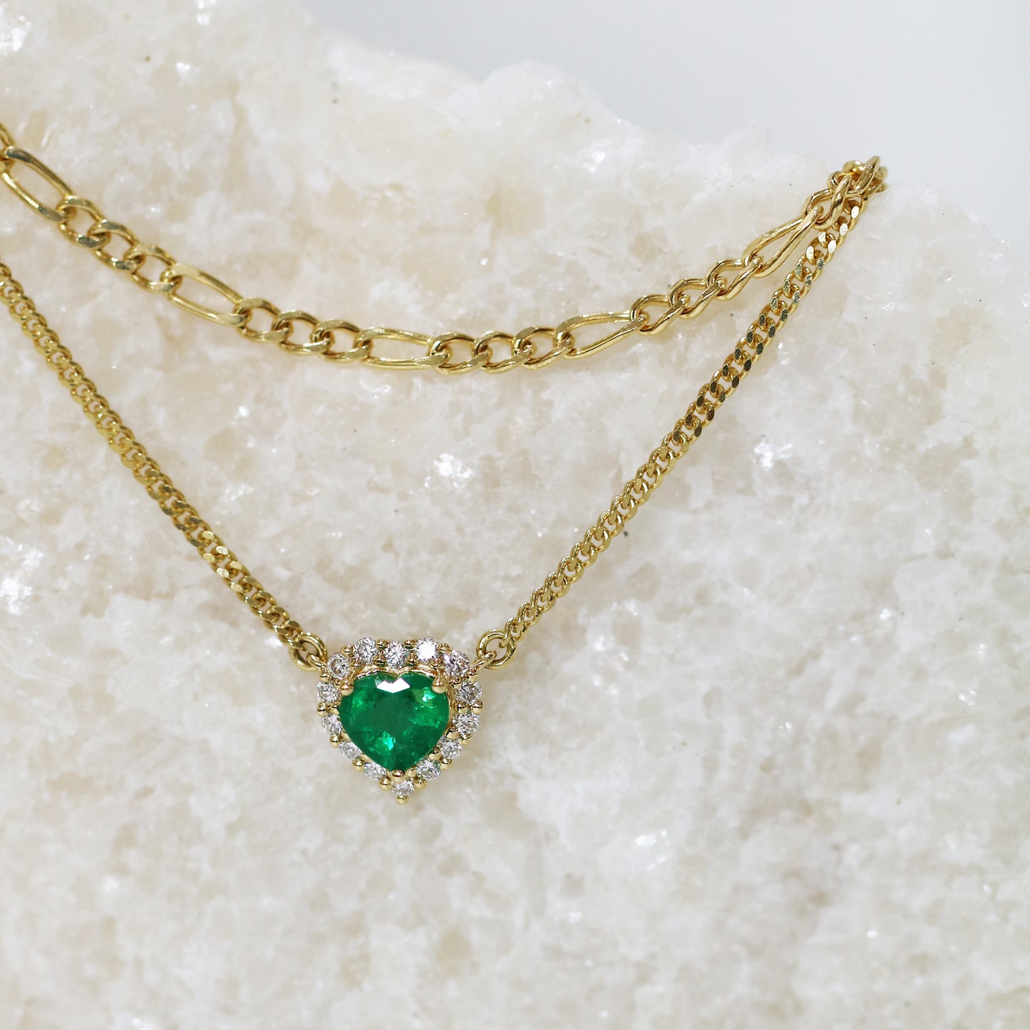 18k黃金心形綠寶石鑽石頸鍊 18k Yellow Gold Heart-shaped Emerald Diamond Halo Cuban Chain Necklace