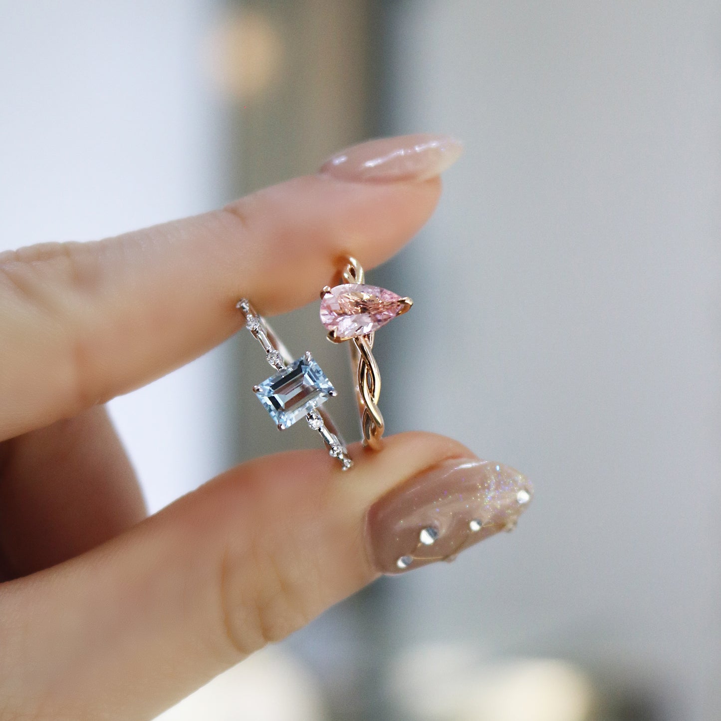 18k玫瑰粉紅摩根石鑽石戒指 和海藍寶鑽石戒指 18k Rose Gold Emerald-cut Morganite Diamond Ring and Aquamarine Diamond Ring