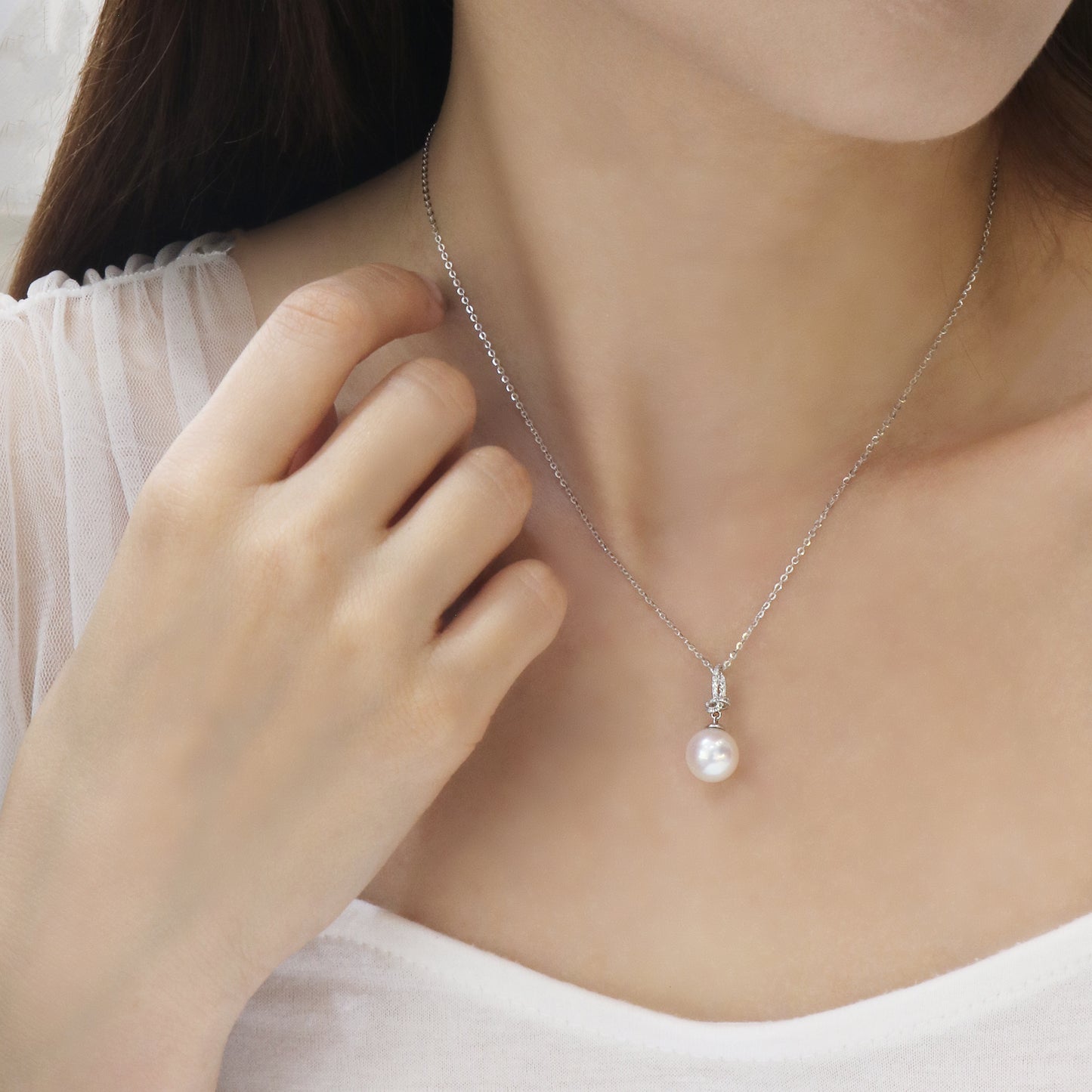 18k White Gold Japanese 9.5-10mm Akoya Pearl Diamond Necklace 18k白金日本Akoya珍珠鑽石頸鍊