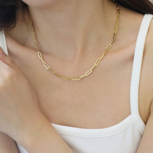 (Upgraded Version) 18k Gold Paper Clip Chain Necklace (White/Rose/Yellow Gold)