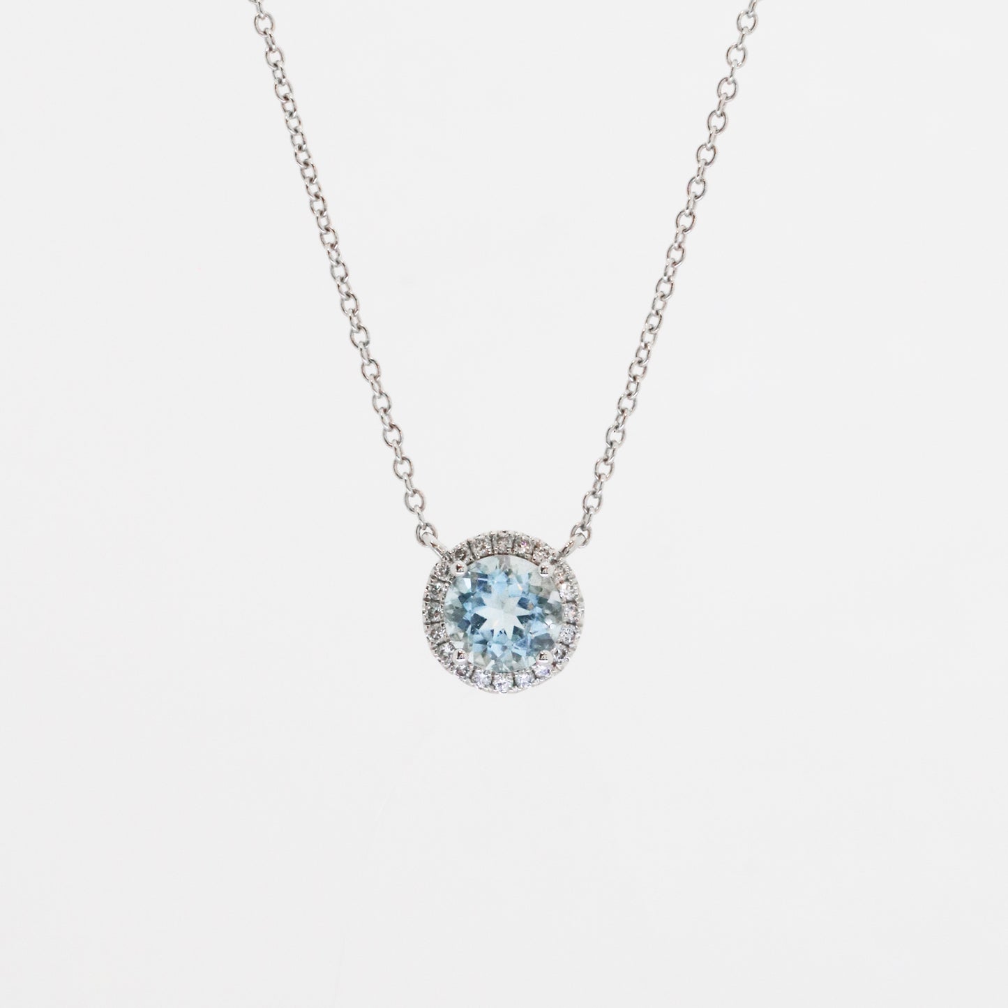 18k White Gold Aquamarine Halo Diamond Necklace