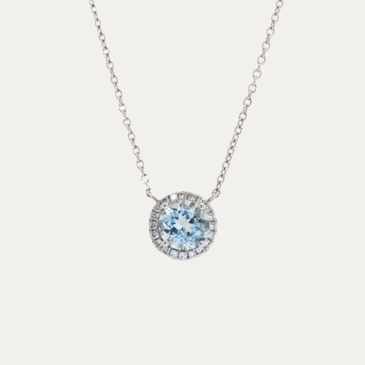 18k White Gold Aquamarine Halo Diamond Necklace