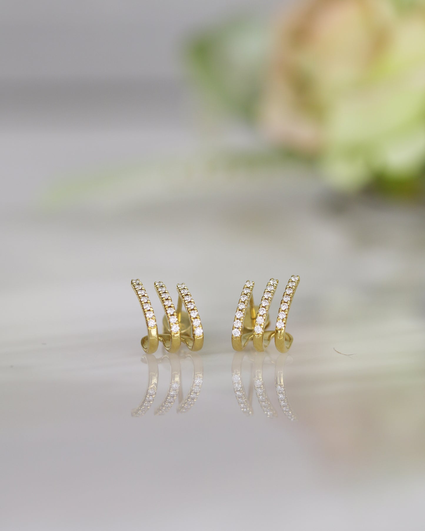 18k Gold Luxurious 3-row Earrings, Single or Pair