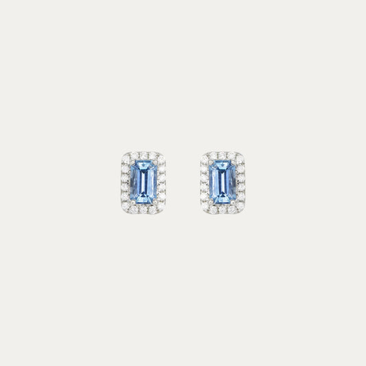 18k White Gold Emerald Cut Aquamarine Halo Diamond Earrings 18k白金祖母綠切割聖瑪利亞海藍寶鑽石耳環