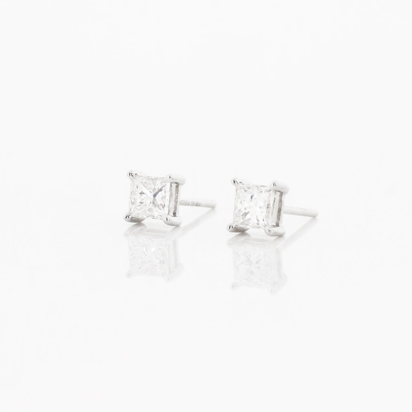 18k White Gold Princess Cut Diamond Stud Earrings, Single or Pair