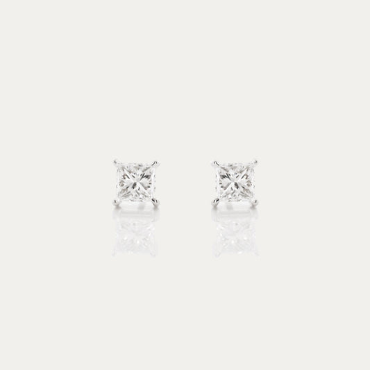 18k White Gold Princess Cut Diamond Stud Earrings, Single or Pair