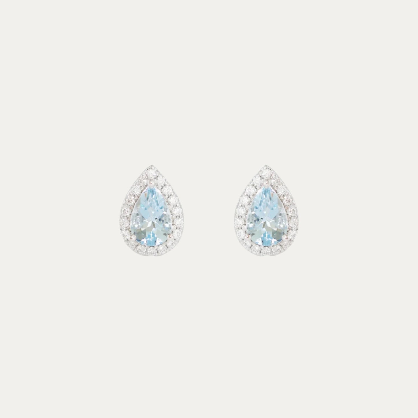 18k White Gold Pear-shaped Aquamarine Halo Diamond Earrings, Pair