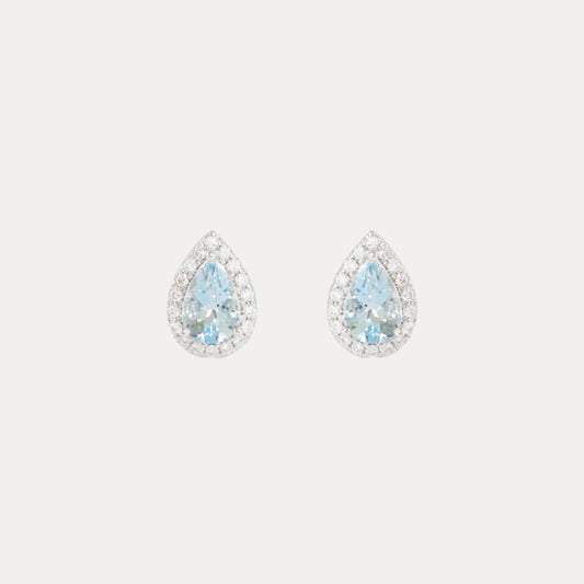 18k White Gold Pear-shaped Aquamarine Halo Diamond Earrings, Pair