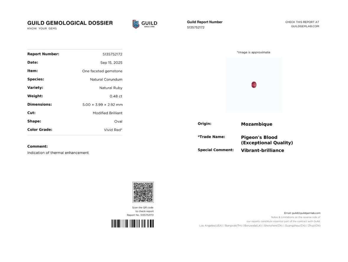 Pigeon's Blood Ruby Oval 0.48ct with Certificate
