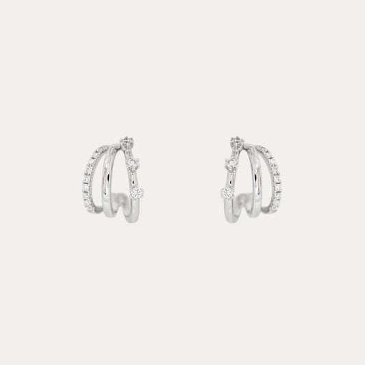 18k Gold 3-row Pavé and Prong Set Diamond Huggie Earrings, Pair