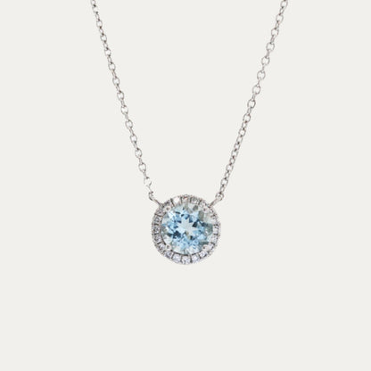 18k White Gold Aquamarine Halo Diamond Necklace-Necklaces,Patrea Jewelry,birthstone jewelry Hong Kong, Aquamarine jewelry hk, Bespoke gemstone jewelry HK, Luxury aquamarine 18k gold, 海藍寶首飾 推薦, 天然海藍寶石, 藍寶石 珠寶 香港, Jewelry HK Online, 海藍 寶 價格
