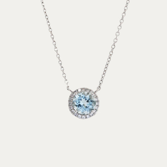 18k White Gold Aquamarine Halo Diamond Necklace-Necklaces,Patrea Jewelry,birthstone jewelry Hong Kong, Aquamarine jewelry hk, Bespoke gemstone jewelry HK, Luxury aquamarine 18k gold, 海藍寶首飾 推薦, 天然海藍寶石, 藍寶石 珠寶 香港, Jewelry HK Online, 海藍 寶 價格