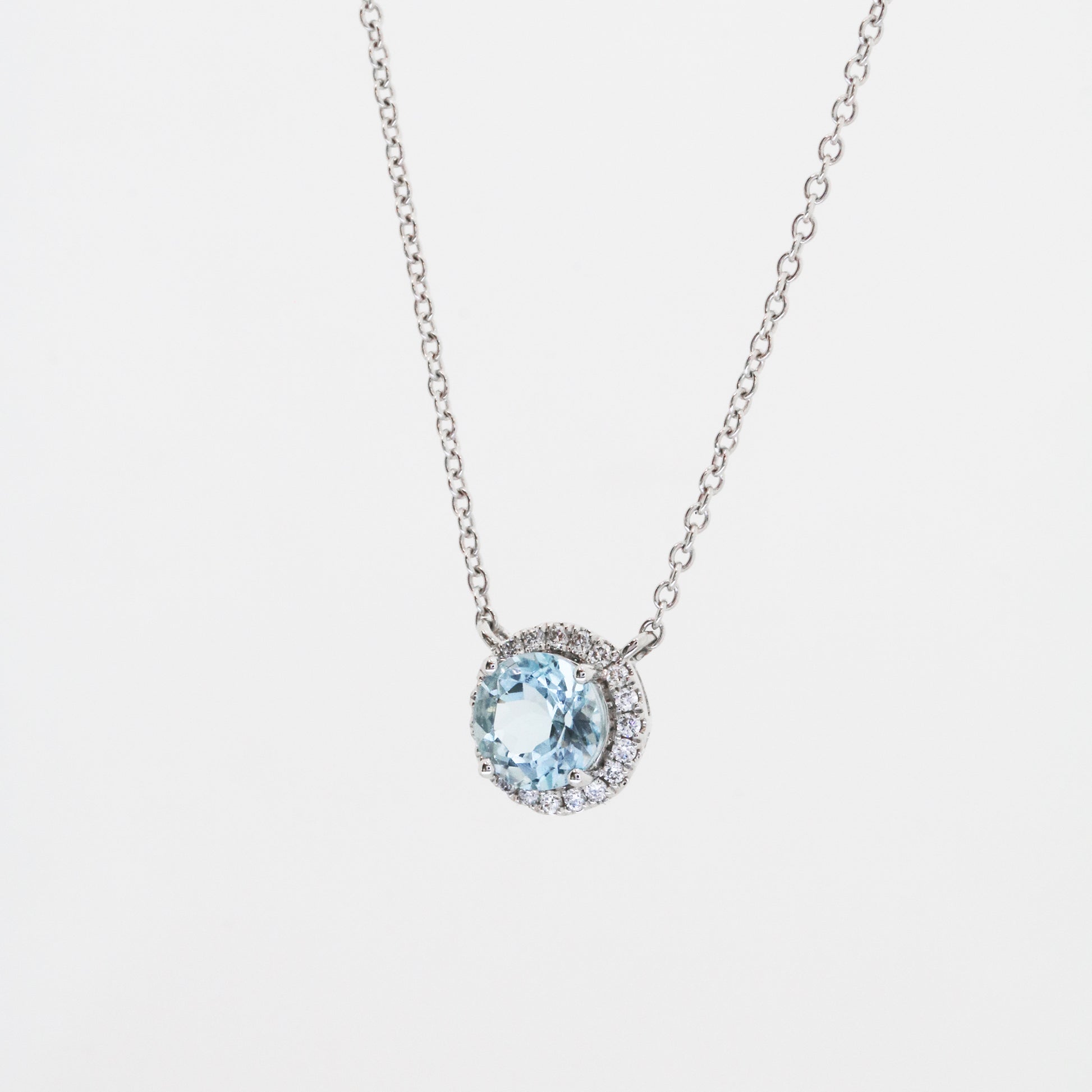 18k White Gold Aquamarine Halo Diamond Necklace-Necklaces,Patrea Jewelry,birthstone jewelry Hong Kong, Aquamarine jewelry hk, Bespoke gemstone jewelry HK, Luxury aquamarine 18k gold, 海藍寶首飾 推薦, 天然海藍寶石, 藍寶石 珠寶 香港, Jewelry HK Online, 海藍 寶 價格