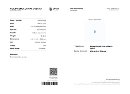 Exceptional Santa Maria Aquamarine Pear 0.42ct with Certificate