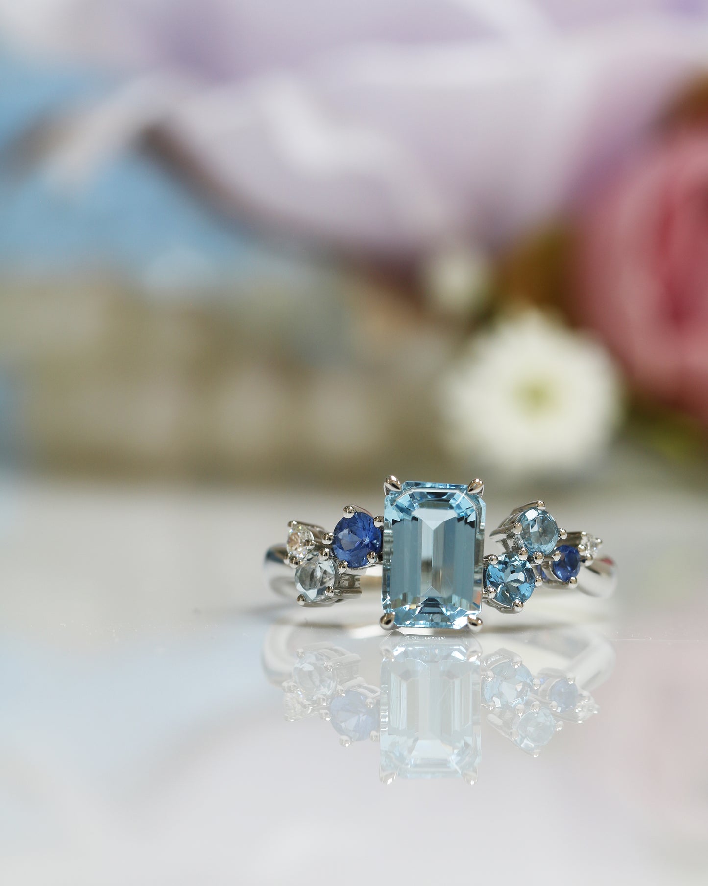 Avery Aquamarine Sapphire and Diamond Cluster Ring