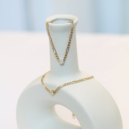 18k Yellow Gold 0.15ct Round Diamond Figaro Necklace