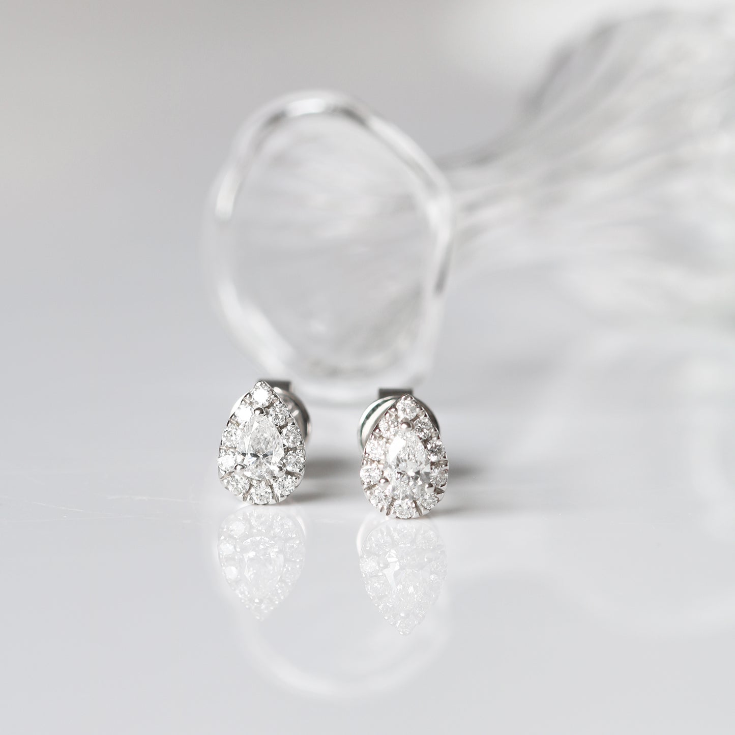 18k White Gold Pear-shaped Diamond Halo Stud Earrings, Pair