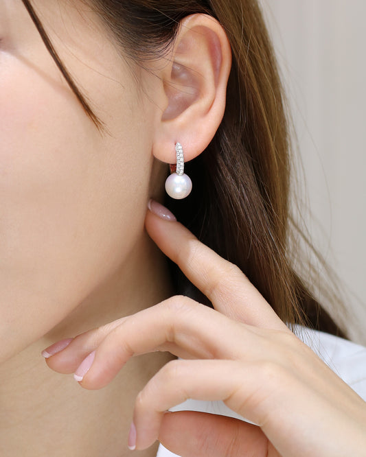 18k White Gold 9.5-10mm Japanese Akoya Pearl Diamond Earrings