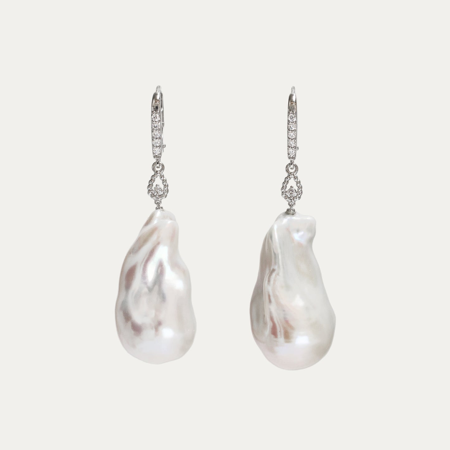 18k White Gold Baroque Pearl Diamond Dangle Earrings