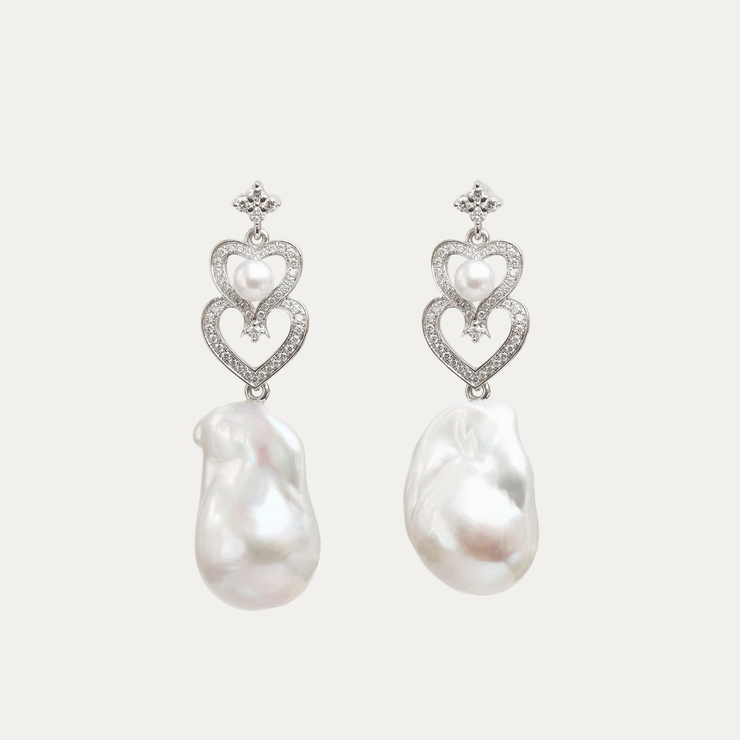 18k White Gold Akoya Pearl and Baroque Pearl Diamond Dangle Earrings