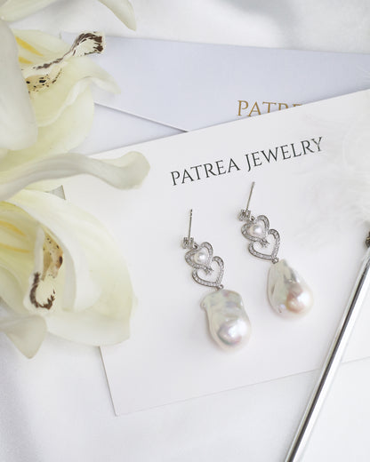 18k White Gold Akoya Pearl and Baroque Pearl Diamond Dangle Earrings