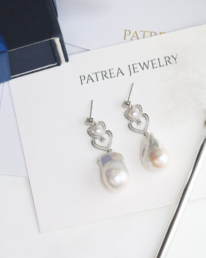 18k White Gold Akoya Pearl and Baroque Pearl Diamond Dangle Earrings