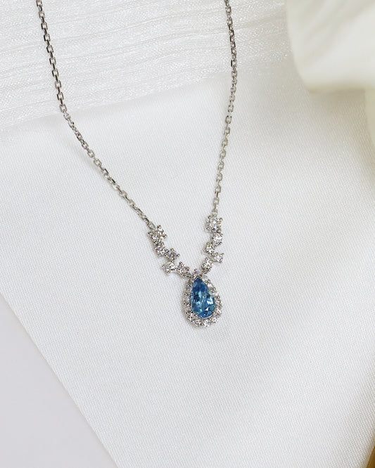 18k White Gold Santa Maria Aquamarine Halo Diamond Necklace