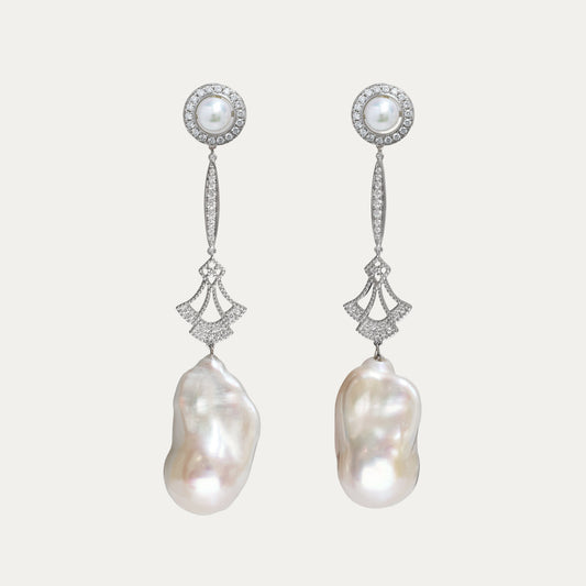 18k White Gold 2-way Akoya Pearl and Baroque Pearl Diamond Dangle Earrings