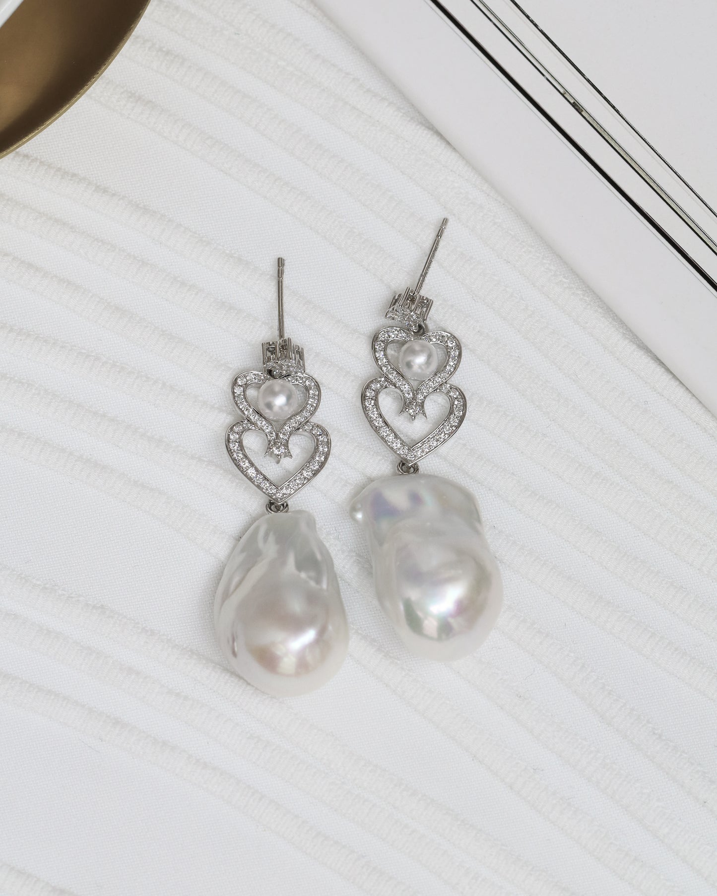 18k White Gold Akoya Pearl and Baroque Pearl Diamond Dangle Earrings