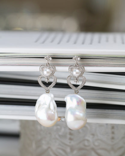 18k White Gold Akoya Pearl and Baroque Pearl Diamond Dangle Earrings