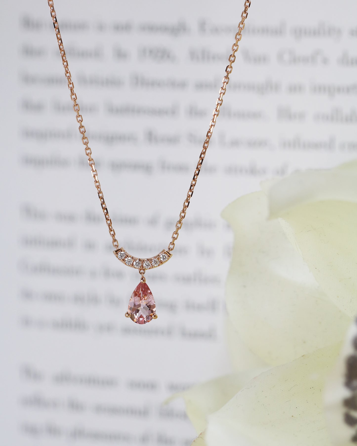 18k Rose Gold Morganite Smile Curved Diamond Necklace
