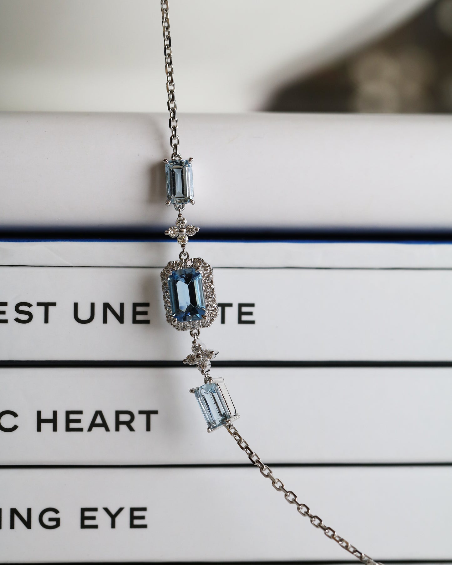 Emerald-cut Santa Maria Aquamarine Halo Diamond Bracelet