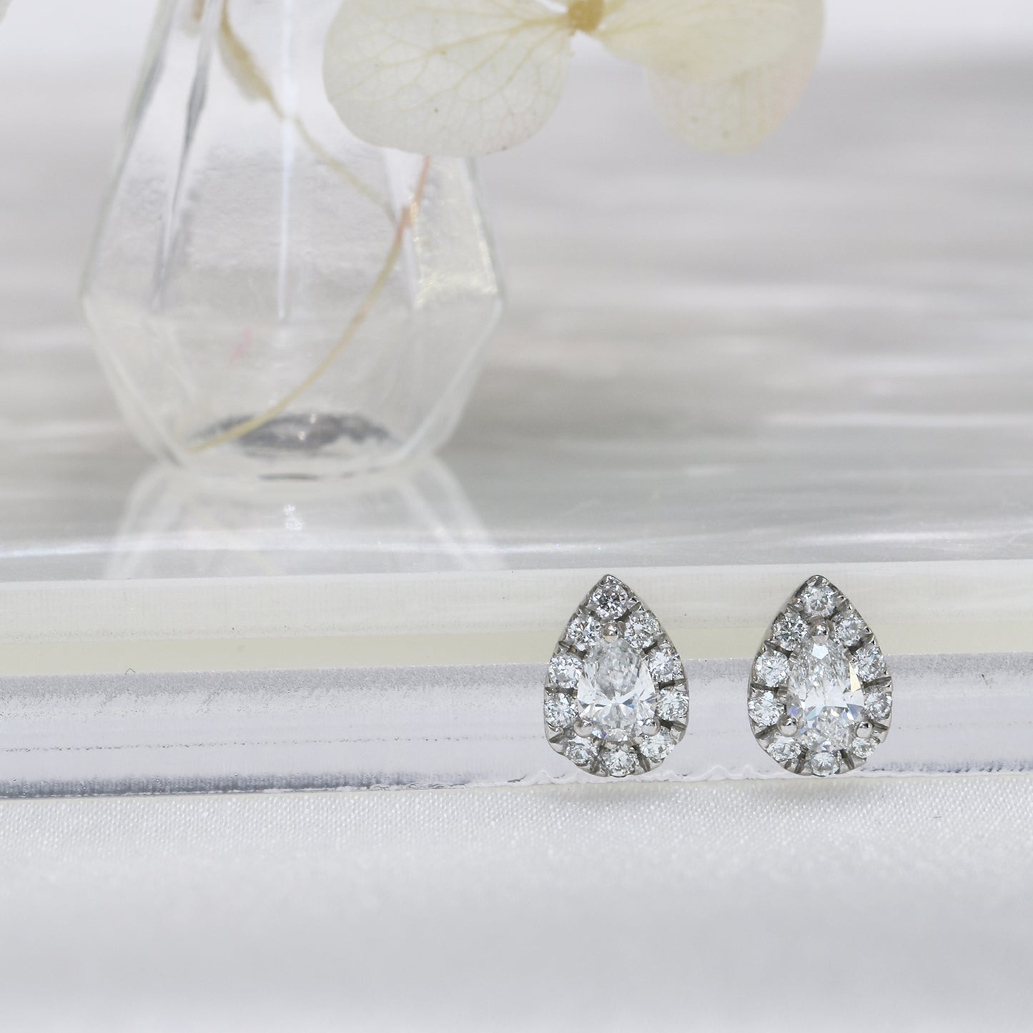 18k White Gold Pear-shaped Diamond Halo Stud Earrings, Pair