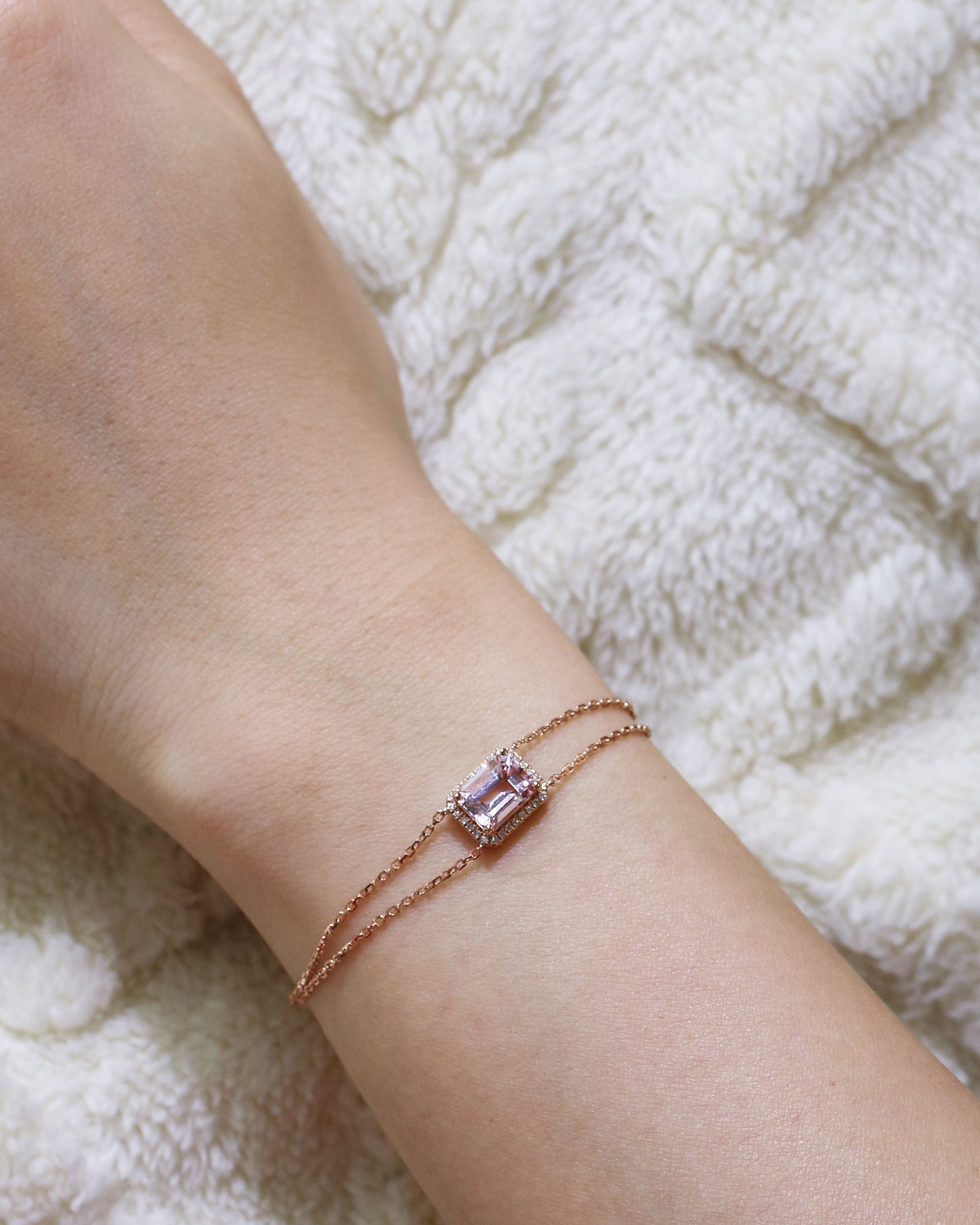 Minnie Emerald Cut Morganite Halo Diamond Double Chain Bracelet