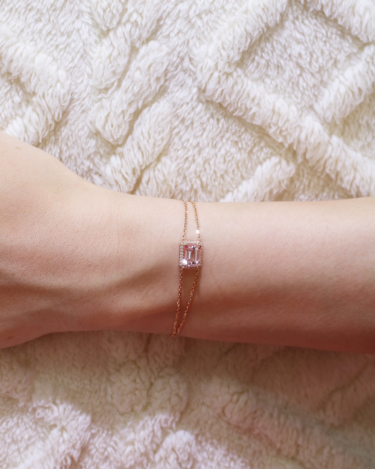 Minnie Emerald Cut Morganite Halo Diamond Double Chain Bracelet