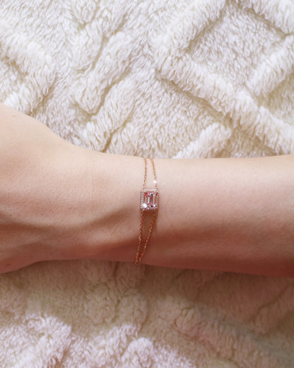Minnie Emerald Cut Morganite Halo Diamond Double Chain Bracelet