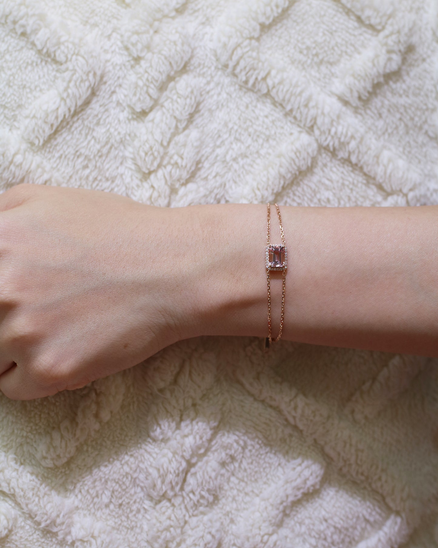 Minnie Emerald Cut Morganite Halo Diamond Double Chain Bracelet