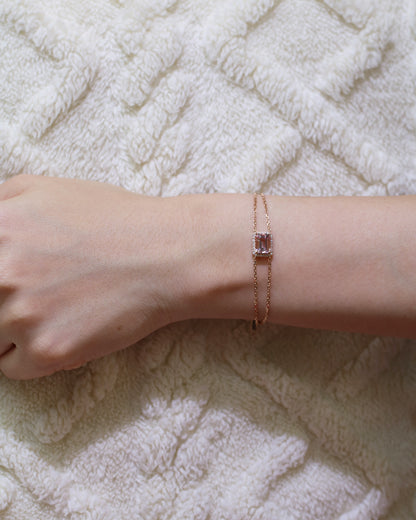 Minnie Emerald Cut Morganite Halo Diamond Double Chain Bracelet