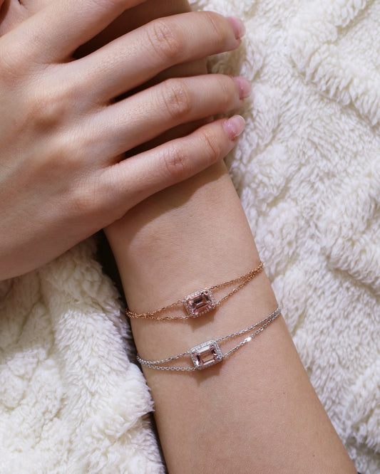 Minnie Emerald Cut Morganite Halo Diamond Double Chain Bracelet