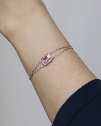 Minnie Emerald Cut Morganite Halo Diamond Double Chain Bracelet