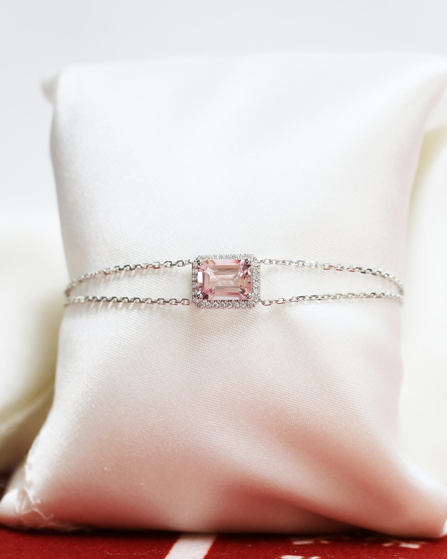 Minnie Emerald Cut Morganite Halo Diamond Double Chain Bracelet