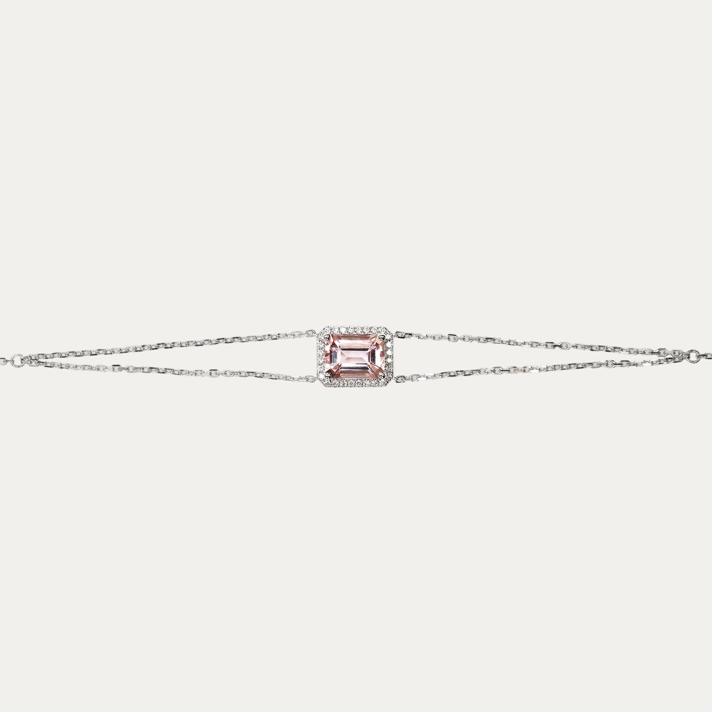 Minnie Emerald Cut Morganite Halo Diamond Double Chain Bracelet